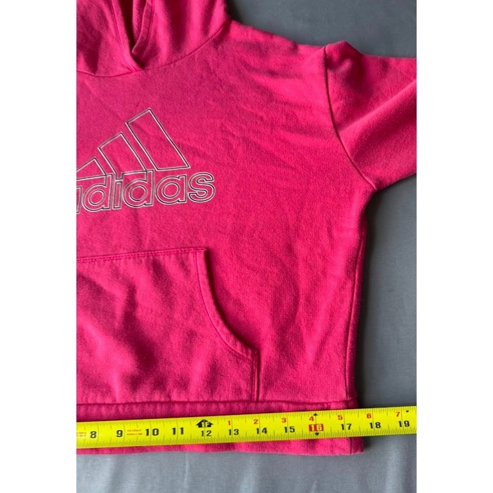 Adidas Youth Girls Crooped Hoodie M (10/12) Pink Logo 3 Stripe Pullover Pockets - Picture 7 of 14